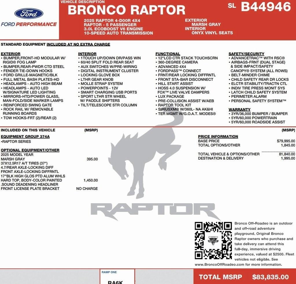 2025 Ford Bronco Raptor 4 Door Advanced 4x4