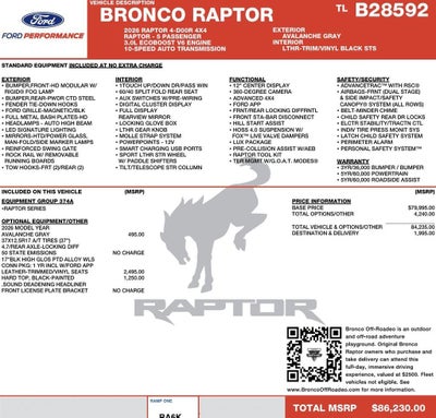 2026 Ford Bronco Raptor 4 Door Advanced 4x4
