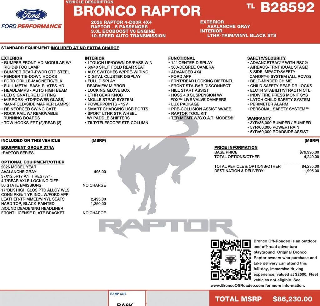 2026 Ford Bronco Raptor 4 Door Advanced 4x4