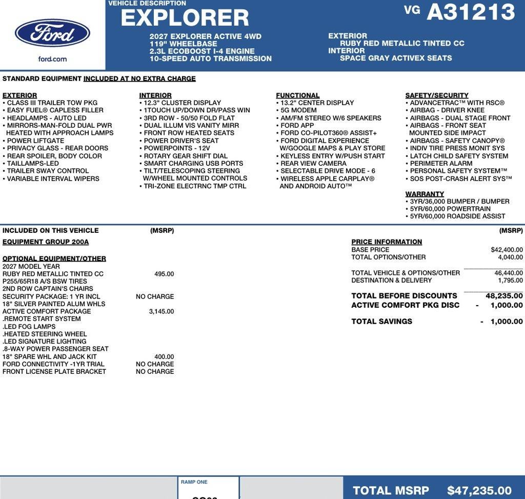 2027 Ford Explorer Active w/200A Pkg 4WD