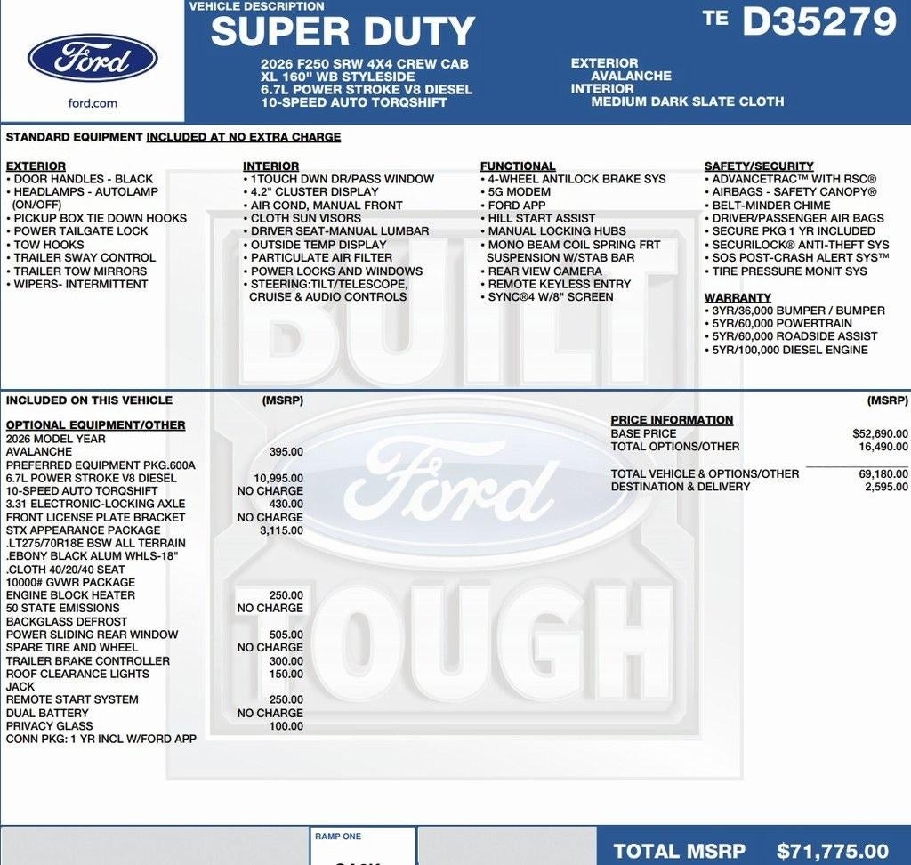 2026 Ford Super Duty F-250 SRW XL 4WD Crew Cab 6.75' Box