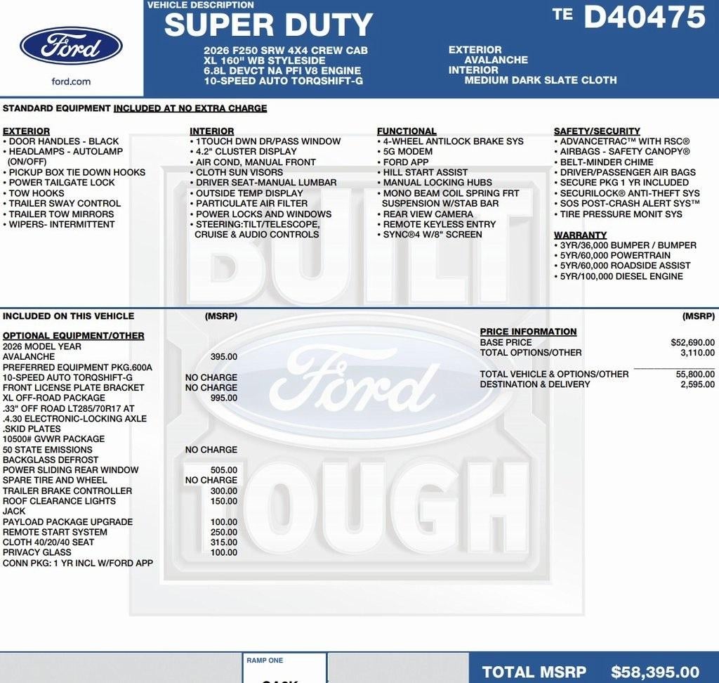 2026 Ford Super Duty F-250 SRW XL 4WD Crew Cab 6.75' Box