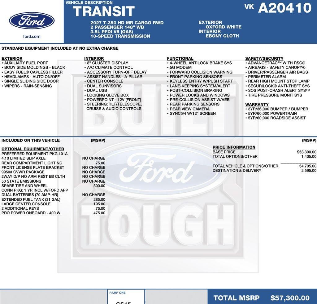 2027 Ford Transit Cargo Van T-350 HD 148" Med Rf 9950 GVWR RWD