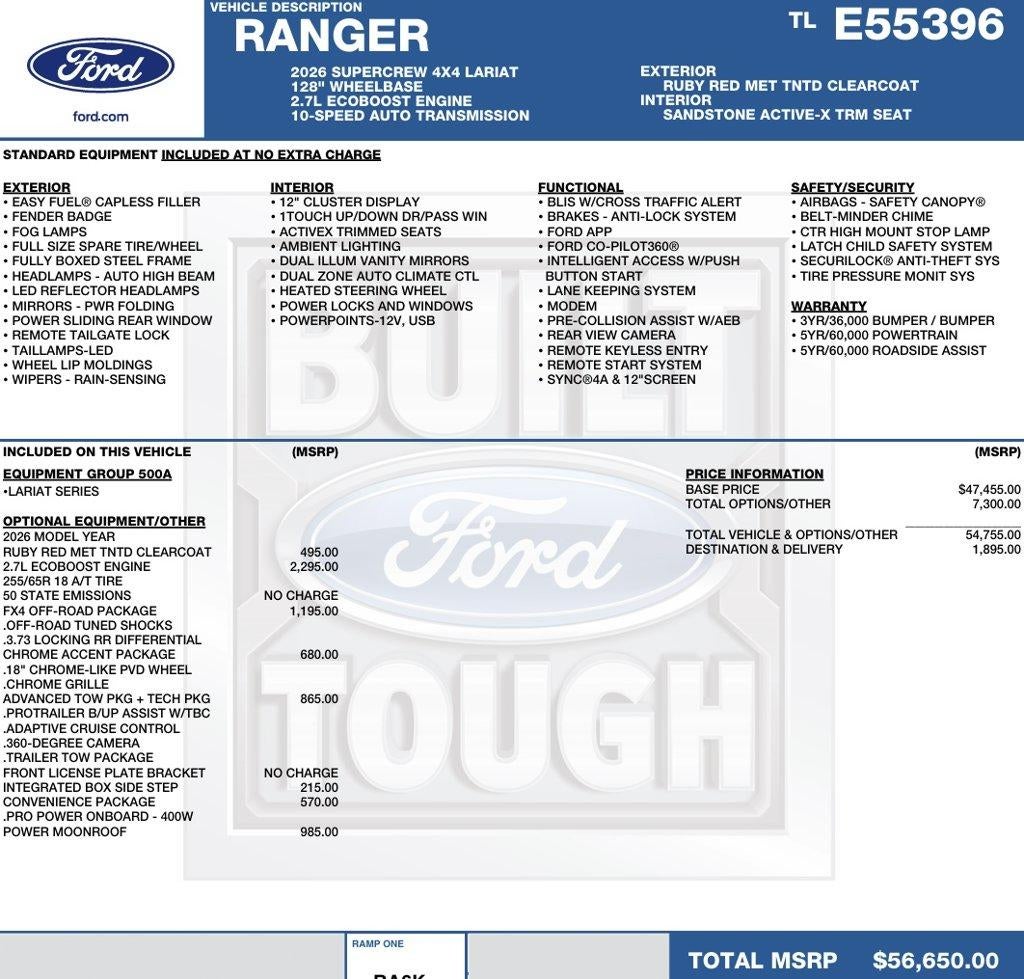 2026 Ford Ranger LARIAT 4WD SuperCrew 5' Box