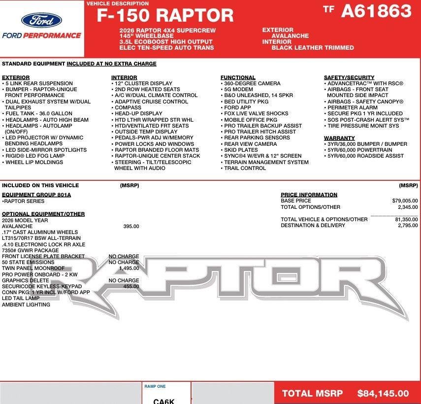 2026 Ford F-150 Raptor 4WD SuperCrew 5.5' Box