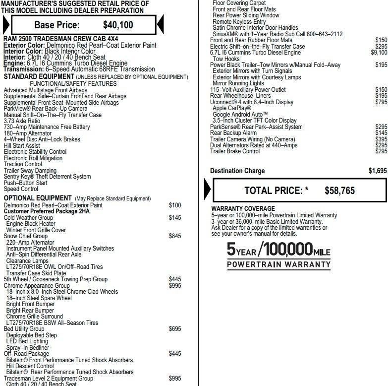 2019 RAM 2500 Tradesman 4x4 Crew Cab 6'4" Box